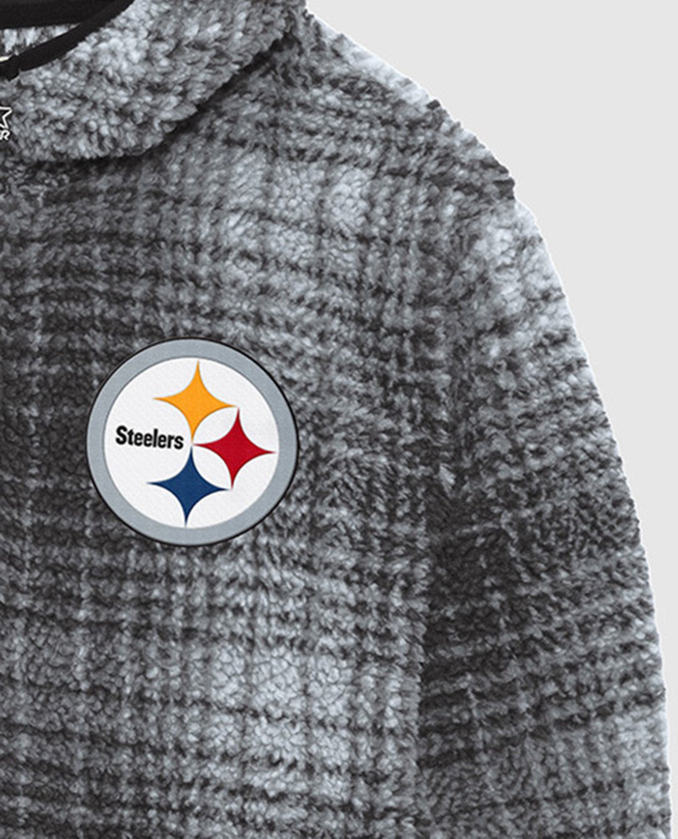 Side View of Starter Black Pittsburgh Steelers Gus Plaid Sherpa Starter Pullover Jacket | STR PITTSBURGH STEELERS BLACK