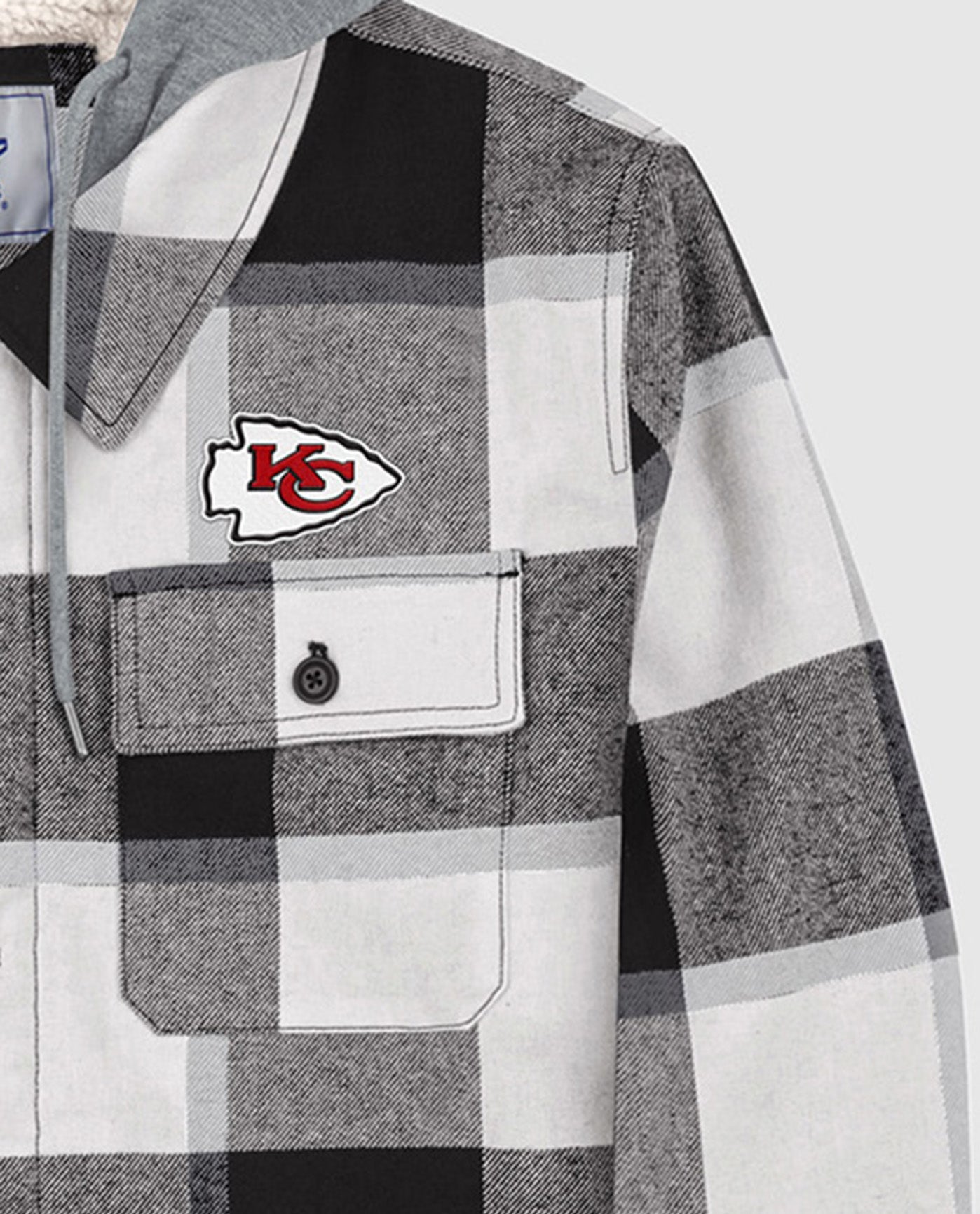 Side View of Starter Black Kansas City Chiefs The Big Joe Sherpa Lined Plaid Starter Jacket | STR KANSAS CITY CHIEFS BLACK