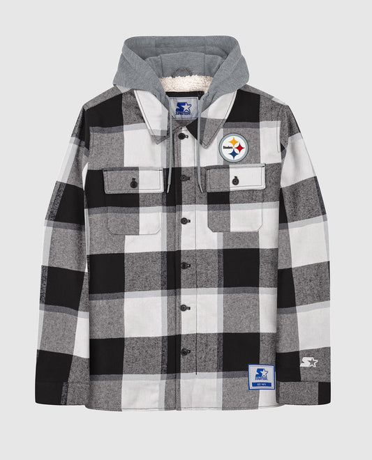 Front View of Starter Black Pittsburgh Steelers The Big Joe Sherpa Lined Plaid Starter Jacket | STR PITTSBURGH STEELERS BLACK