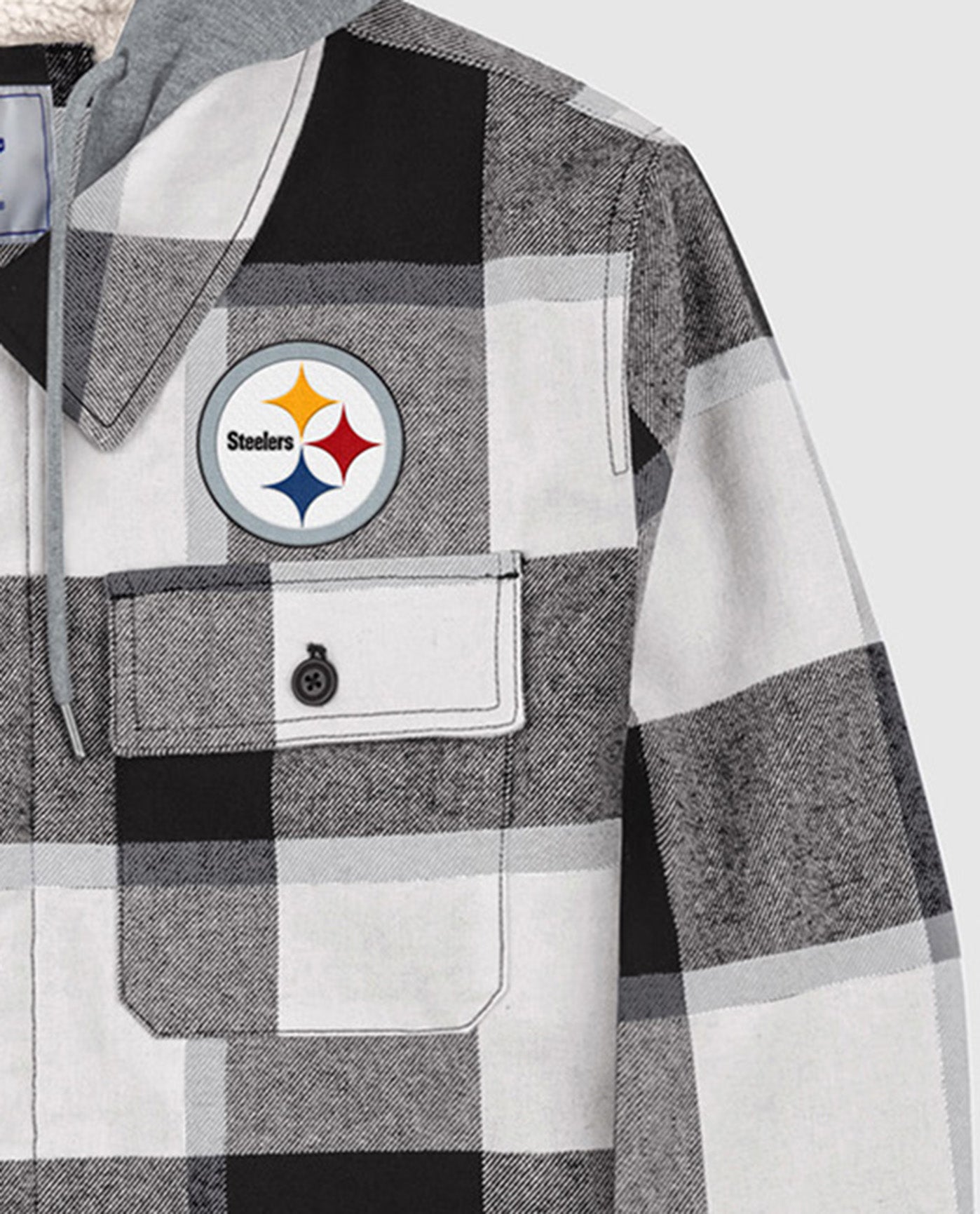 Side View of Starter Black Pittsburgh Steelers The Big Joe Sherpa Lined Plaid Starter Jacket | STR PITTSBURGH STEELERS BLACK