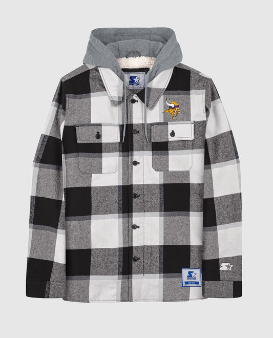 Front View of Starter Black Minnesota Vikings The Big Joe Sherpa Lined Plaid Starter Jacket | STR MINNESOTA VIKINGS BLACK