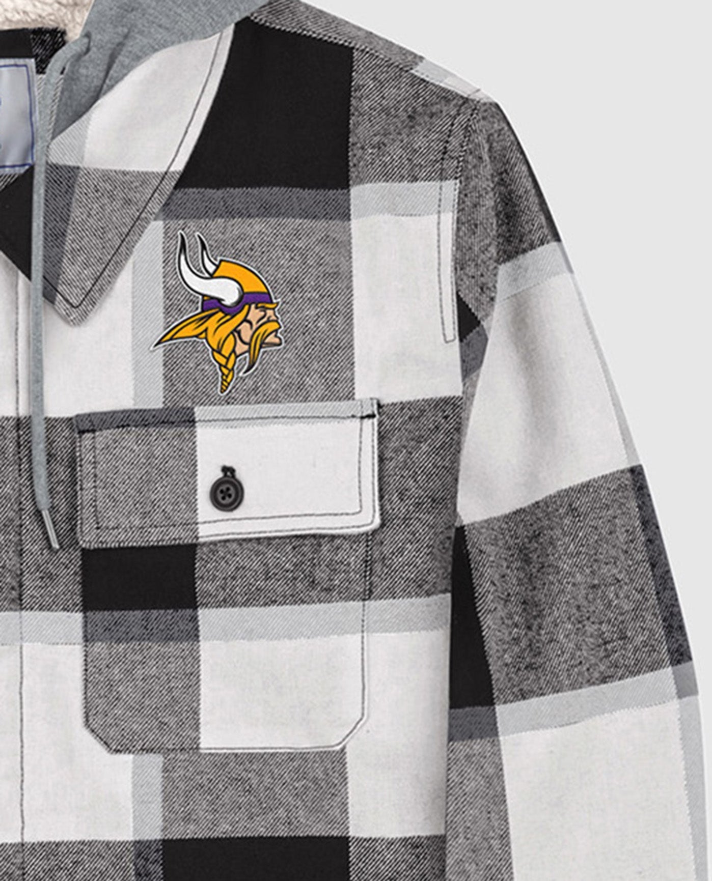 Side View of Starter Black Minnesota Vikings The Big Joe Sherpa Lined Plaid Starter Jacket | STR MINNESOTA VIKINGS BLACK