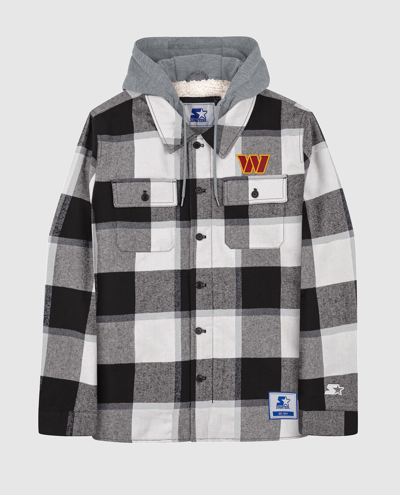 Front View of Starter Black Washington Commanders The Big Joe Sherpa Lined Plaid Starter Jacket | STR WASHINGTON COMMANDERS BLACK