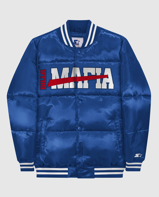 Front View of Starter Blue Buffalo Bills Mafia Bronx Bubble Starter Jacket | STR BUFFALO BILLS BLUE