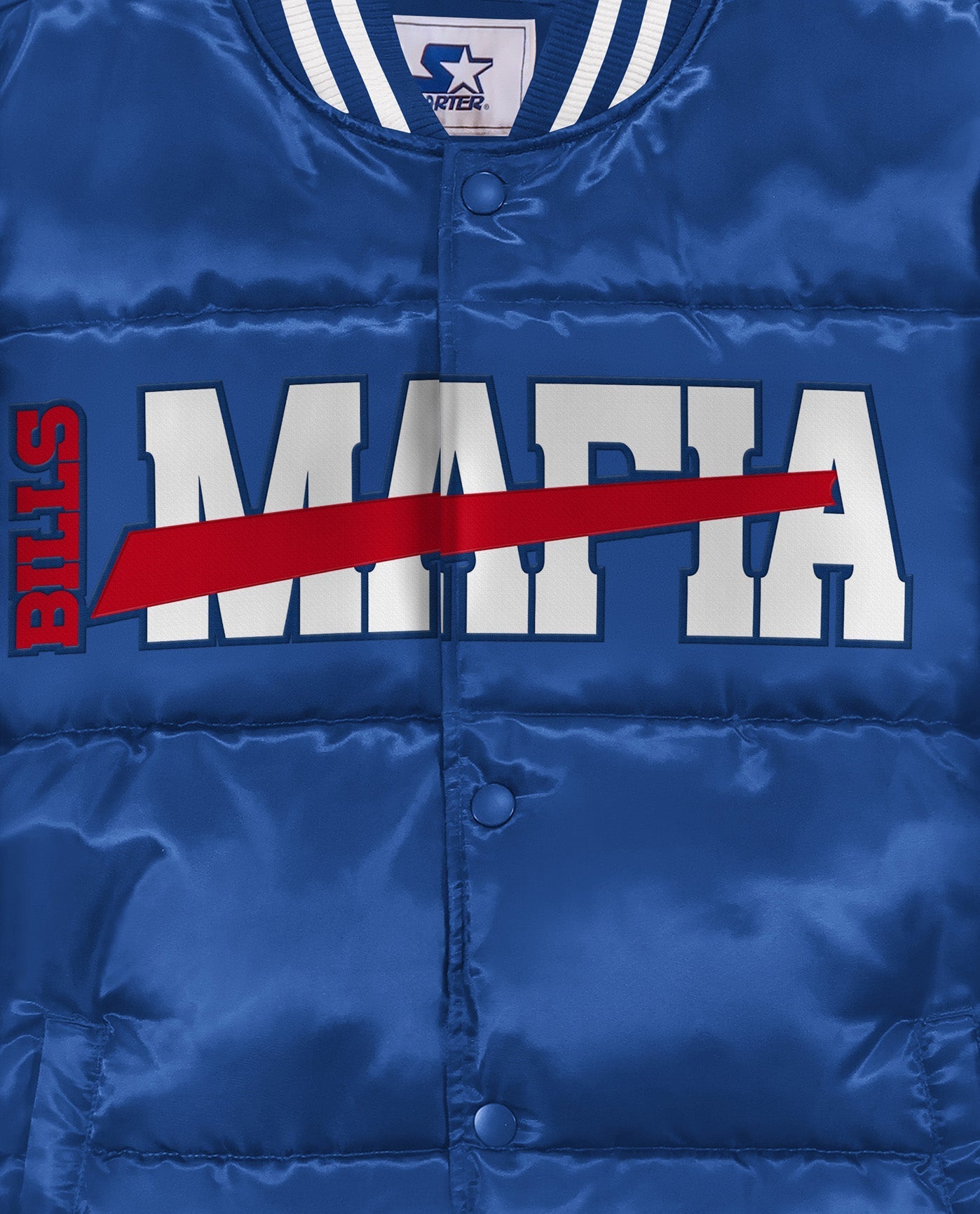 Side View of Starter Blue Buffalo Bills Mafia Bronx Bubble Starter Jacket | STR BUFFALO BILLS BLUE