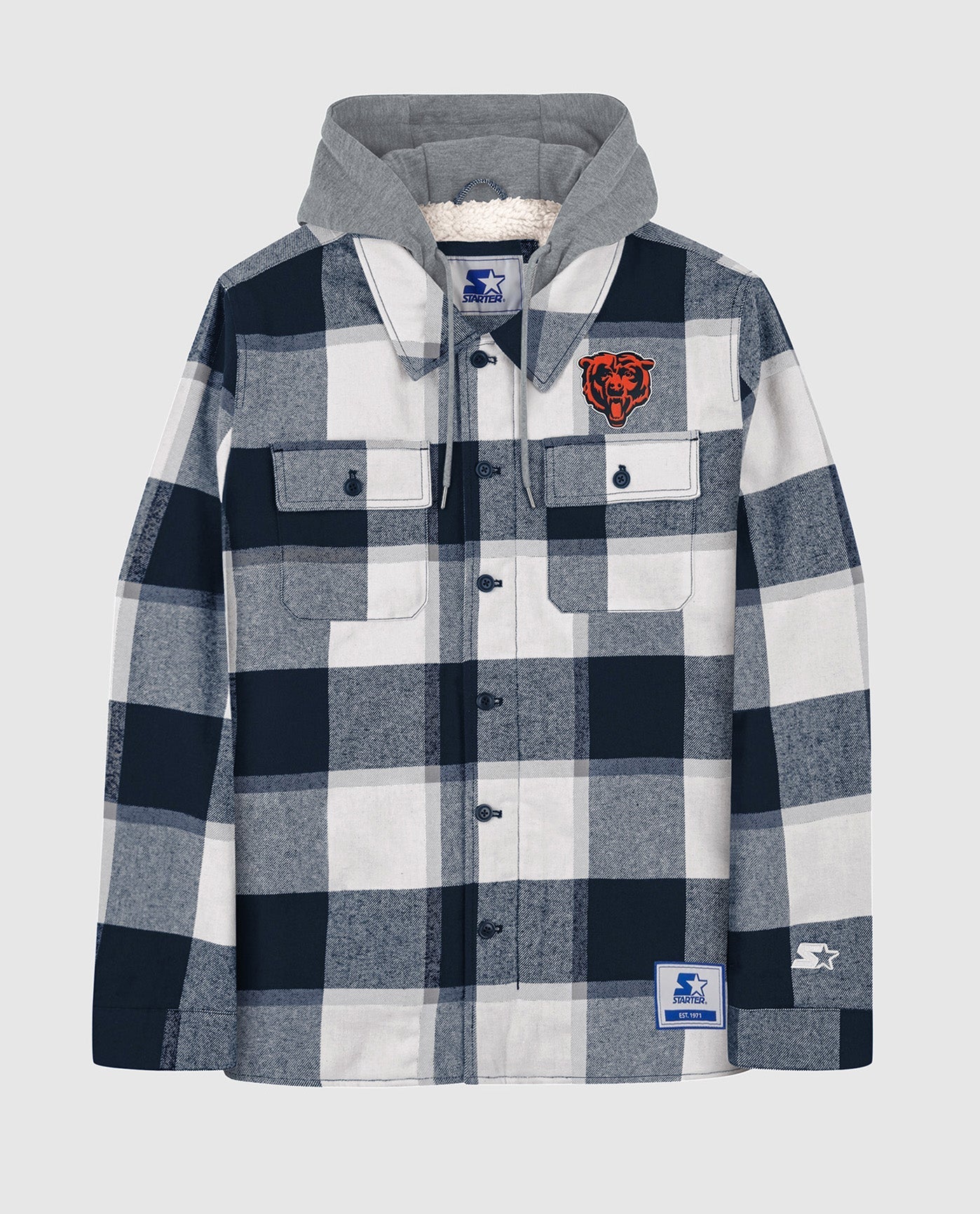 Front View of Starter Navy Chicago Bears The Big Joe Sherpa Lined Plaid Starter Jacket | STR CHICAGO BEARS NAVY