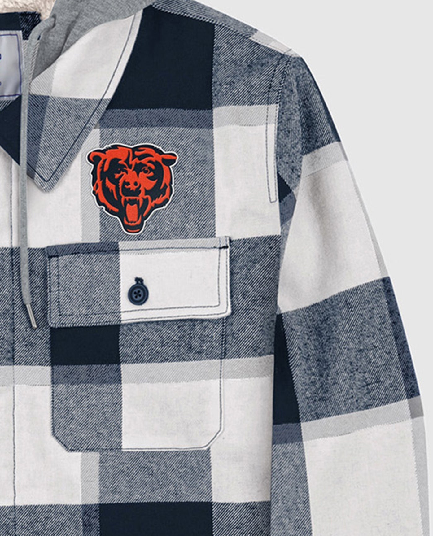 Side View of Starter Navy Chicago Bears The Big Joe Sherpa Lined Plaid Starter Jacket | STR CHICAGO BEARS NAVY