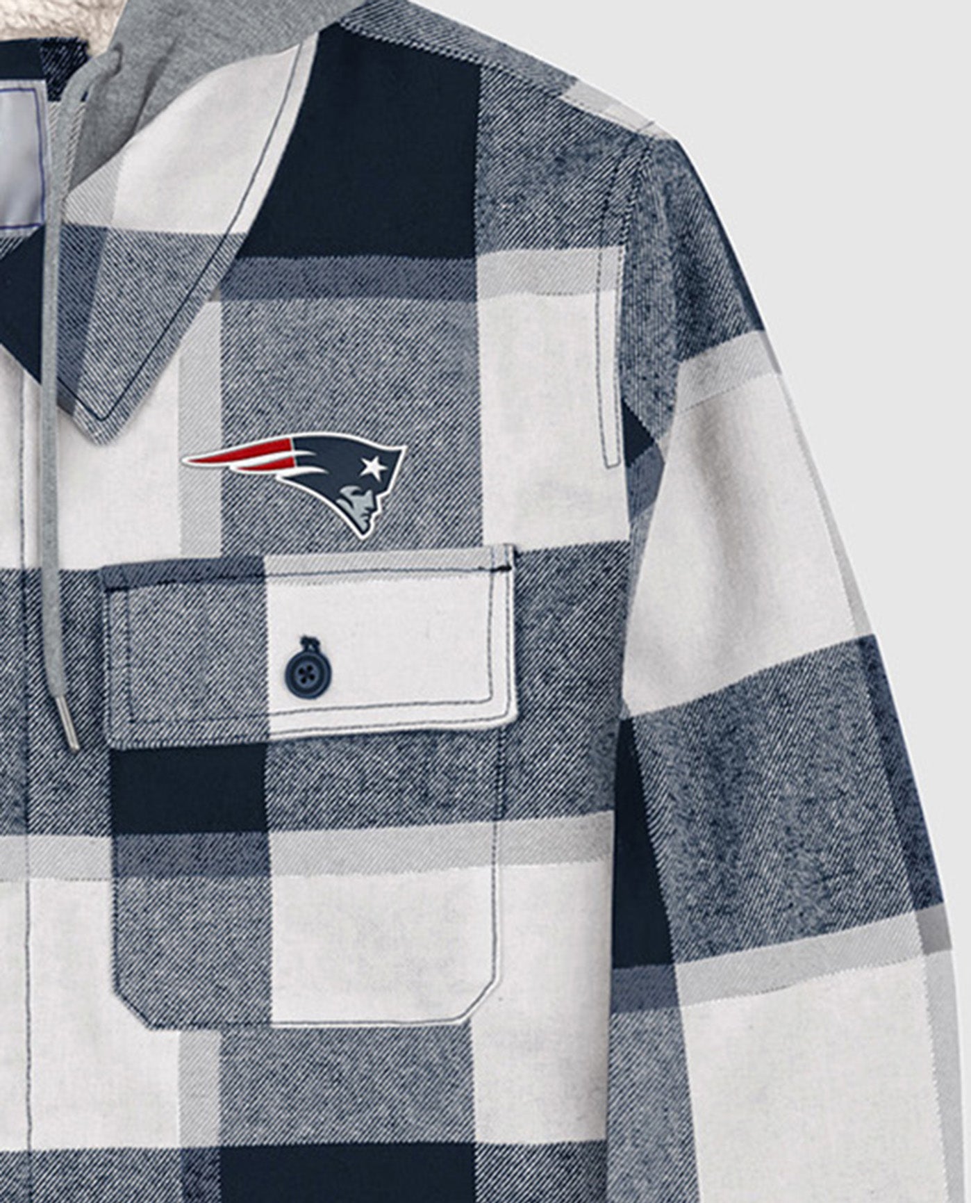 Side View of Starter Navy New England Patriots The Big Joe Sherpa Lined Plaid Starter Jacket | STR NEW ENGLAND PATRIOTS NAVY