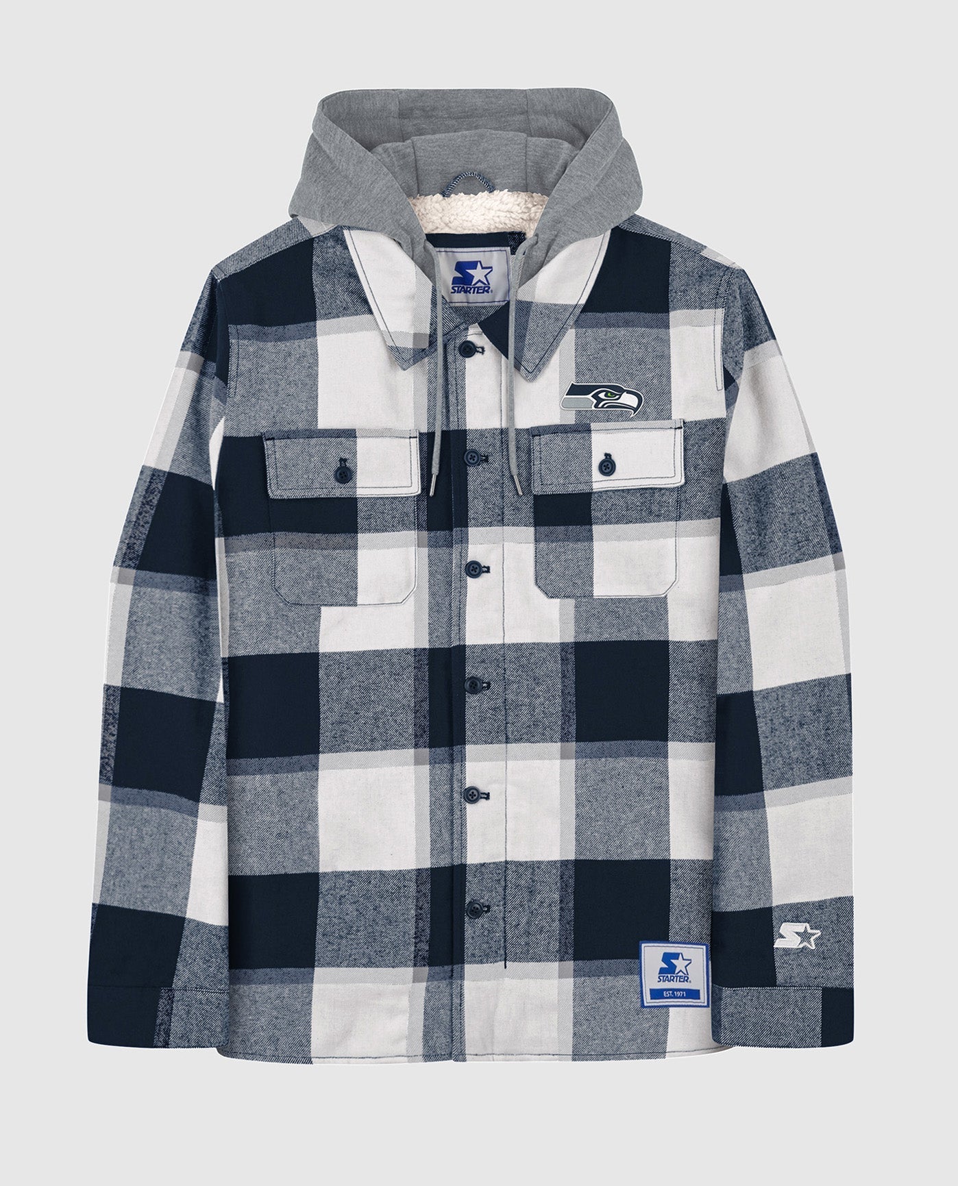 Front View of Starter Navy Seattle Seahawks The Big Joe Sherpa Lined Plaid Starter Jacket | STR SEATTLE SEAHAWKS NAVY