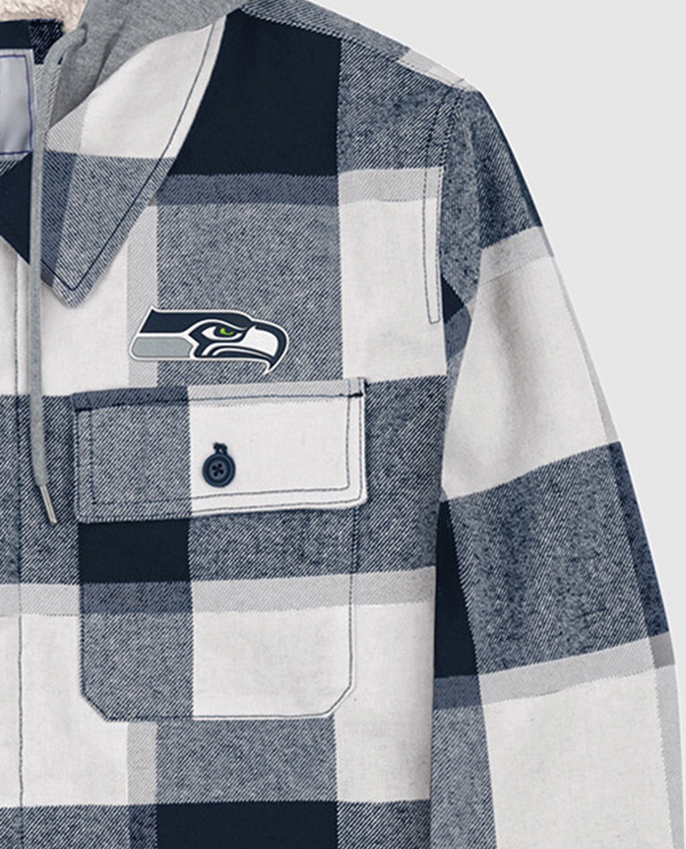 Side View of Starter Navy Seattle Seahawks The Big Joe Sherpa Lined Plaid Starter Jacket | STR SEATTLE SEAHAWKS NAVY