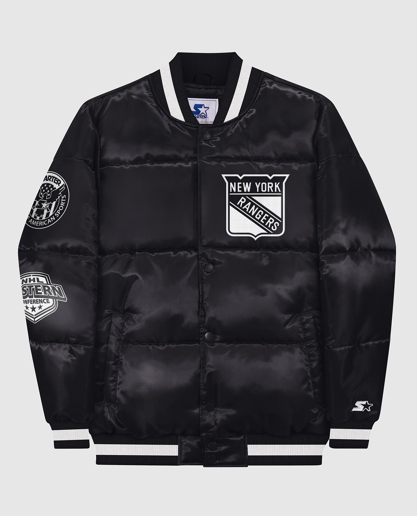 Front View of Starter Black New York Rangers Down Fill Starter Puffer Jacket | STR NEW YORK RANGERS BLACK