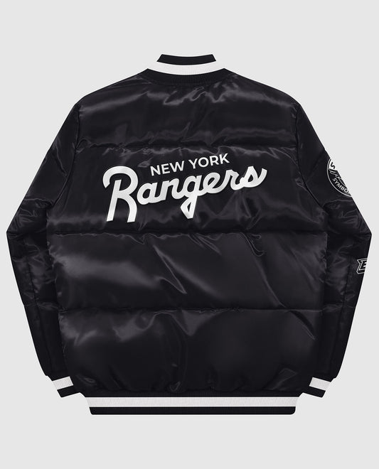 Back View of Starter Black New York Rangers Down Fill Starter Puffer Jacket | STR NEW YORK RANGERS BLACK