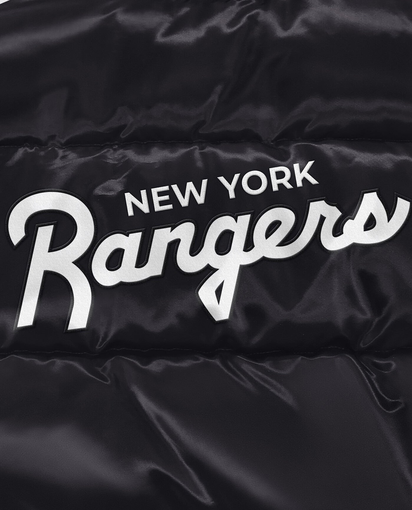 Detail View of Starter Black New York Rangers Down Fill Starter Puffer Jacket | STR NEW YORK RANGERS BLACK