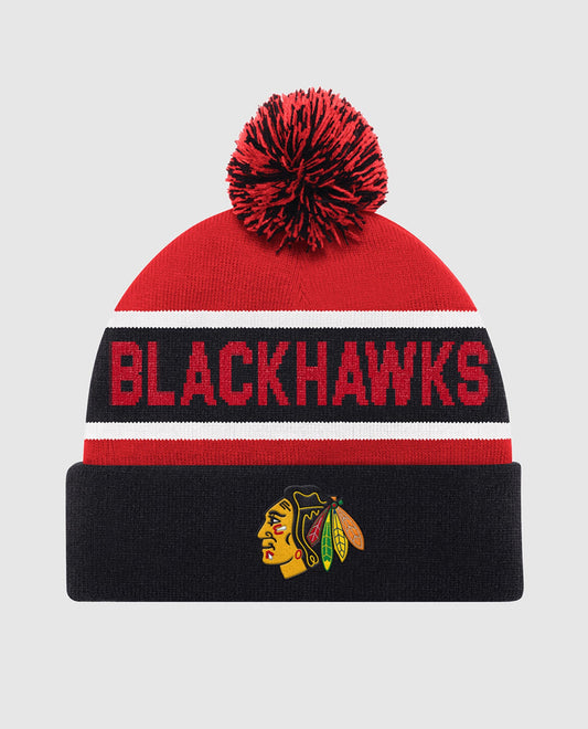 Front View of Starter Black Chicago Blackhawks Starter Pom Beanie | STR CHICAGO BLACKHAWKS BLACK