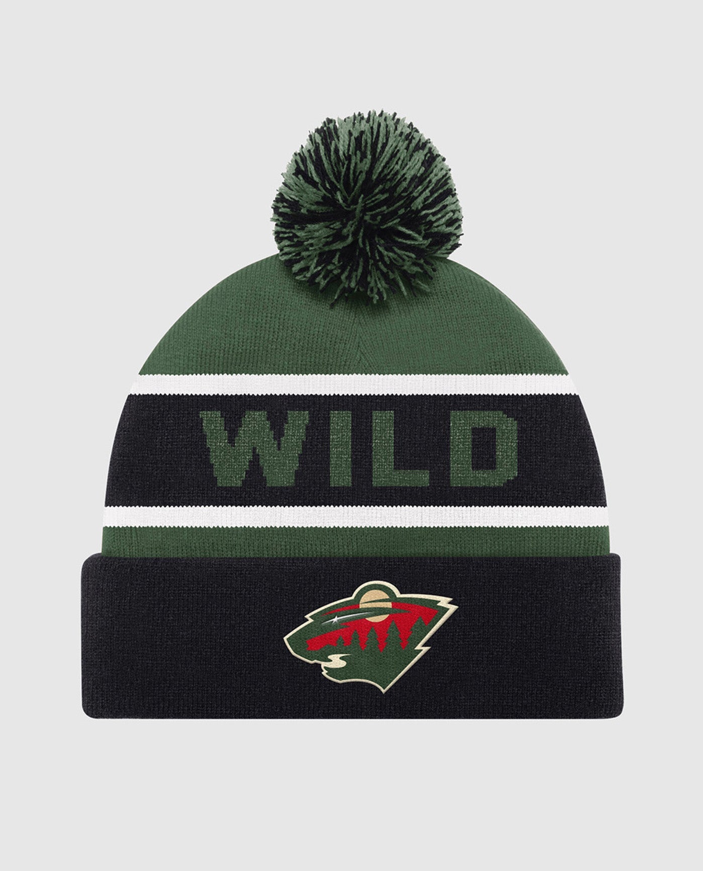 Front View of Starter Black Minnesota Wild Starter Pom Beanie | STR MINNESOTA WILD BLACK