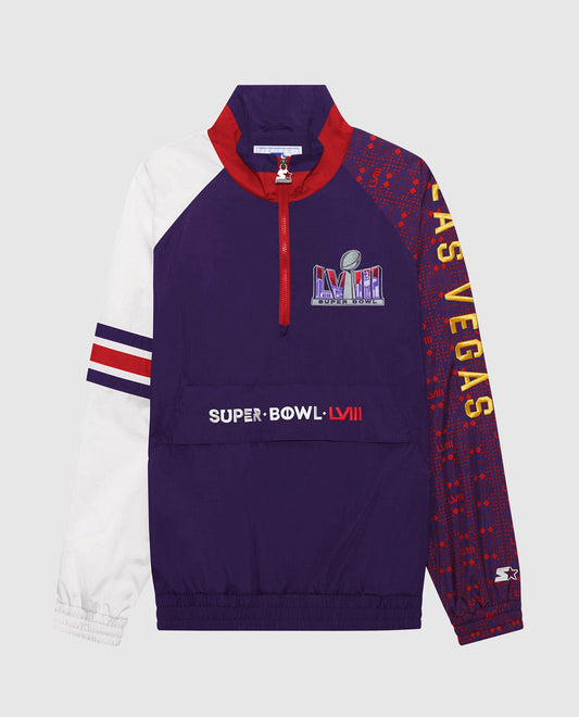 Front View of Starter Violet Super Bowl Lviii Nylon Elite Half-Zip Starter Pullover Jacket | STR SUPER BOWL LVIII VIOLET