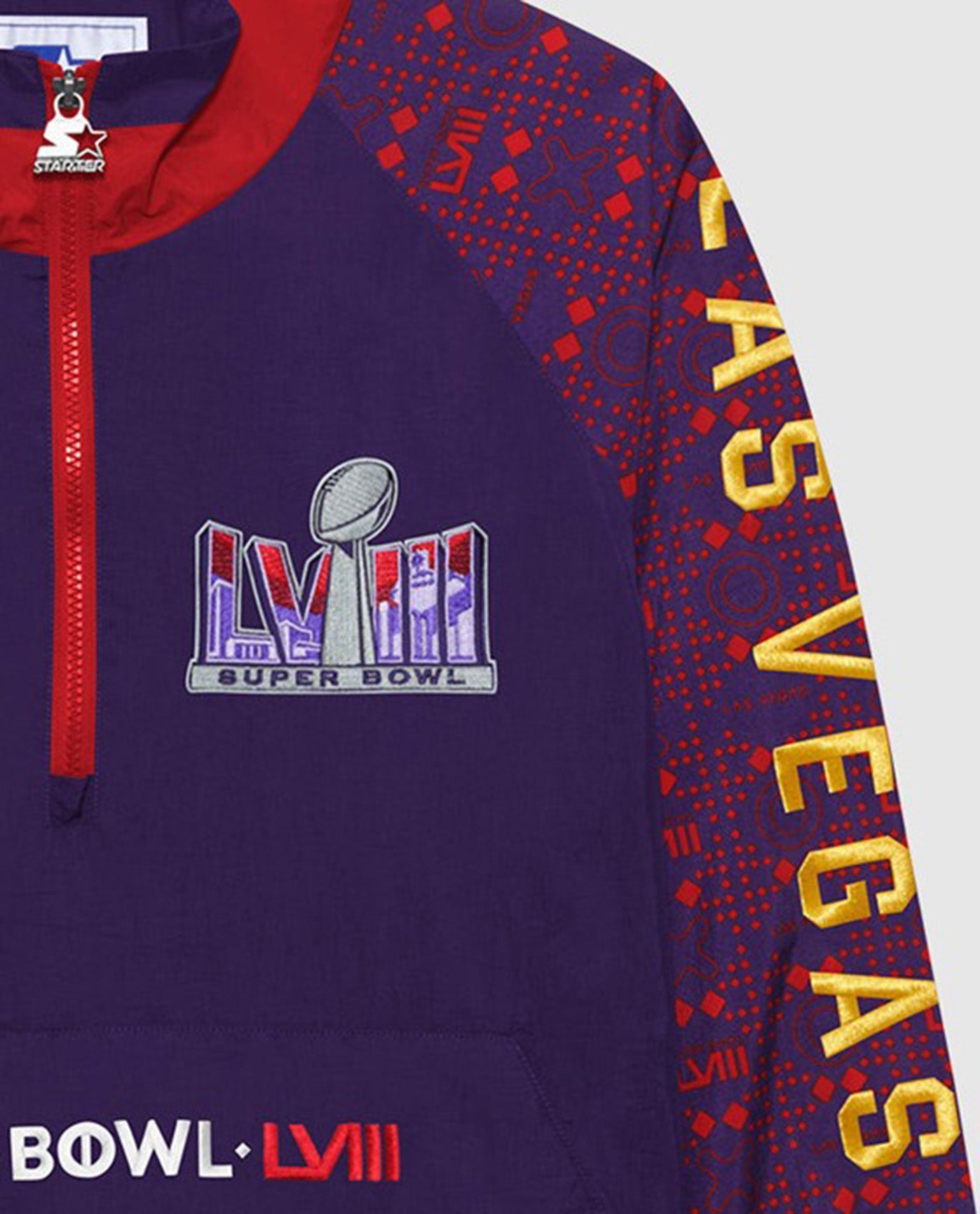 Sleeve Detail View of Starter Violet Super Bowl Lviii Nylon Elite Half-Zip Starter Pullover Jacket | STR SUPER BOWL LVIII VIOLET