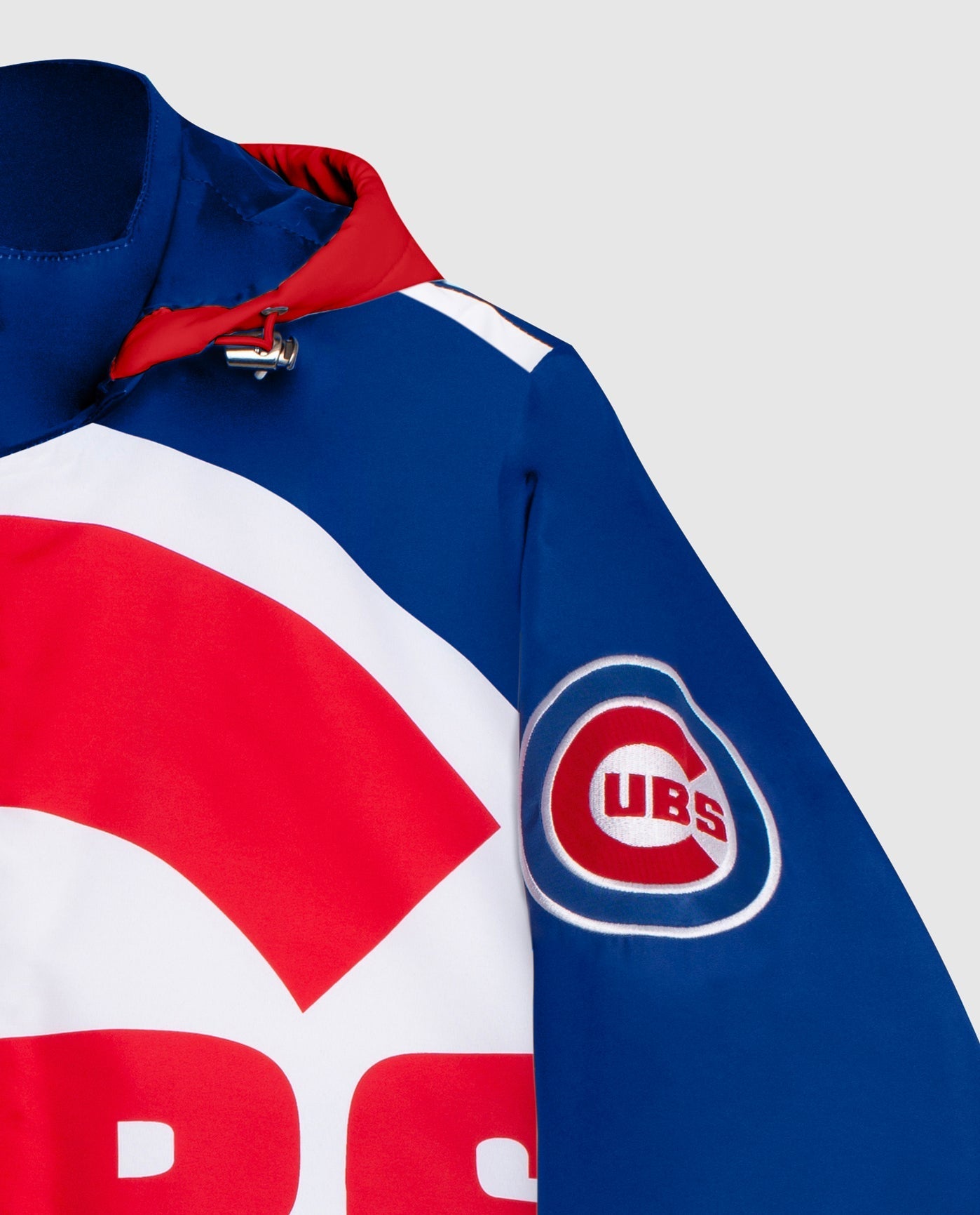 Side View of Starter Blue Chicago Cubs Hooded Nylon Full-Zip Starter Jacket | STR CHICAGO CUBS BLUE