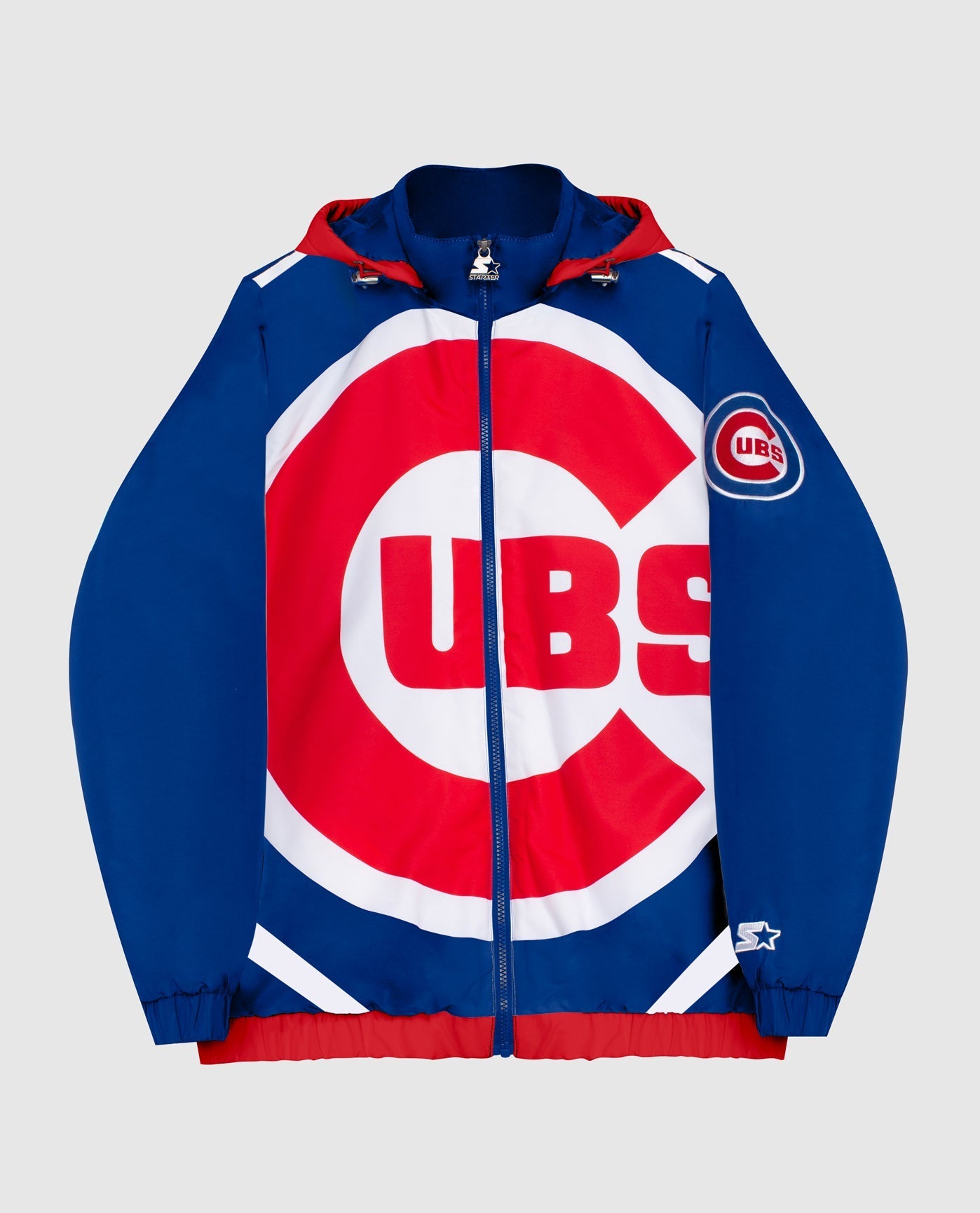 Front View of Starter Blue Chicago Cubs Hooded Nylon Full-Zip Starter Jacket | STR CHICAGO CUBS BLUE