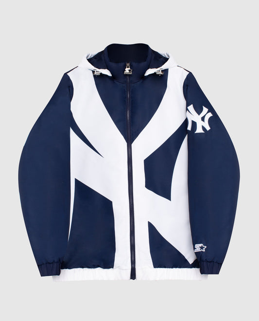 Front View of Starter Navy New York Yankees Hooded Nylon Full-Zip Starter Jacket | STR NEW YORK YANKEES NAVY