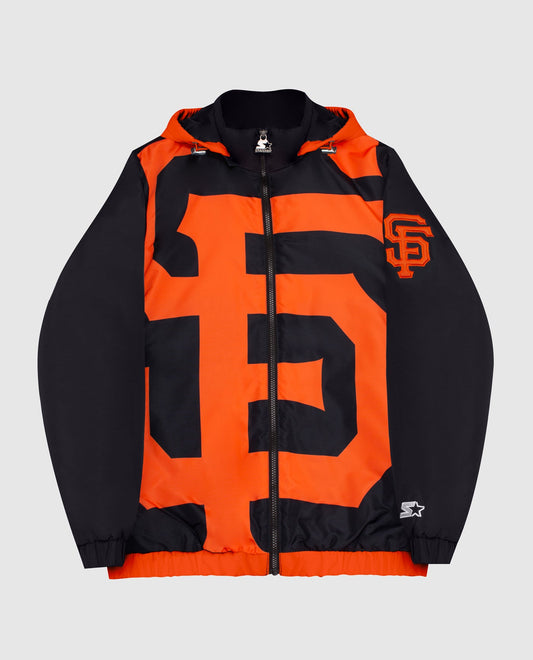 Front View of Starter Black San Francisco Giants Hooded Nylon Full-Zip Starter Jacket | STR SAN FRANCISCO GIANTS BLACK 