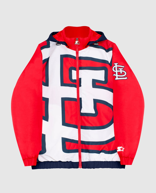 Front View of Starter Black St. Louis Cardinals Hooded Nylon Full-Zip Starter Jacket | STR ST LOUIS CARDINALS BLACK