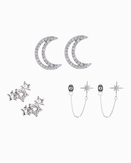 Front View Of Nicole Miller Celestial Trio Earring Set | NM SILVER