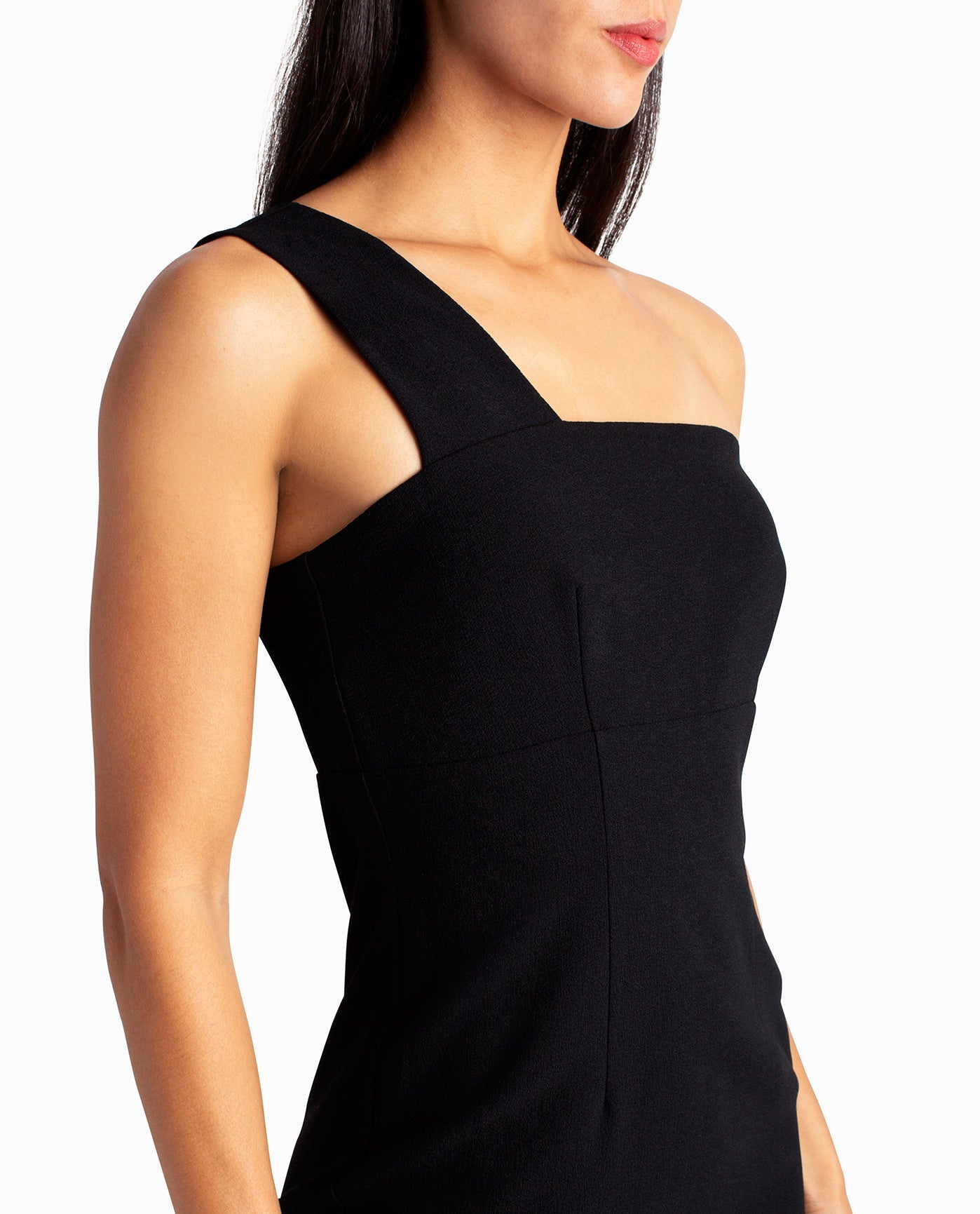 Front Detail View Of Nicole Miller Lola One Shoulder Dress | NM VERY BLACK