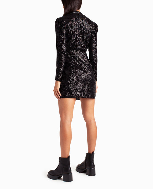 Back View Of Nicole Miller Sequin Faux Wrap Molly Dress | NM VERY BLACK SEQUINS