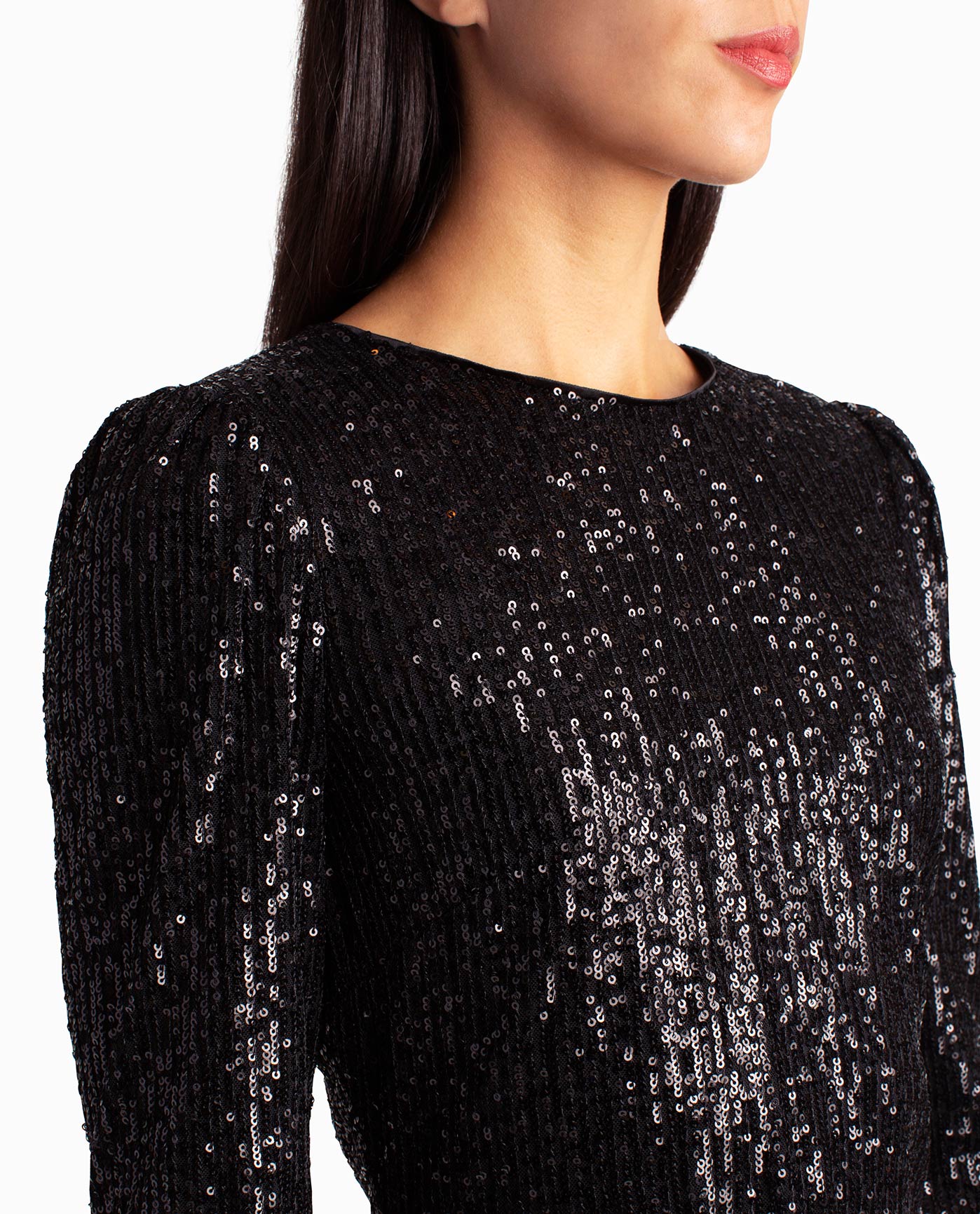 Front Detail View Of Nicole Miller Sequin Sheath Olivia Dress | NM VERY BLACK SEQUINS