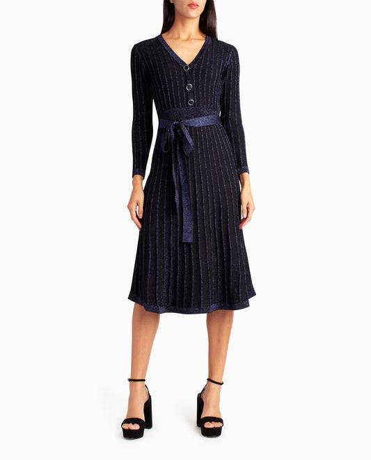 Front View Of Nicole Miller Knit Fit And Flare Valentina Dress | NM BLUE LUREX