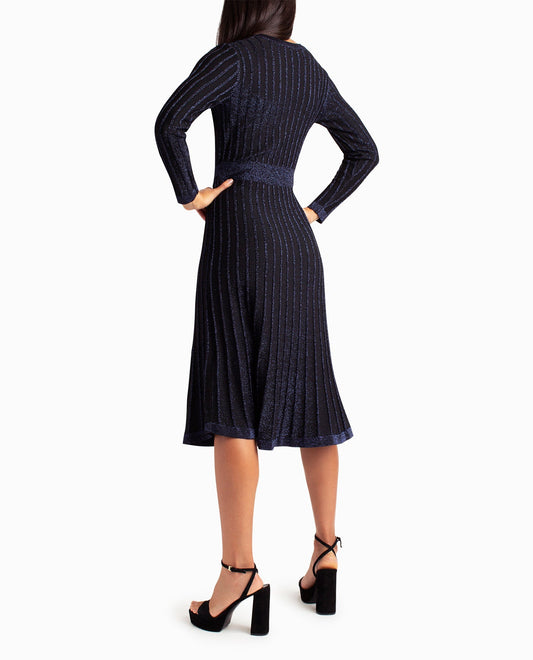 Back View Of Nicole Miller Knit Fit And Flare Valentina Dress | NM BLUE LUREX