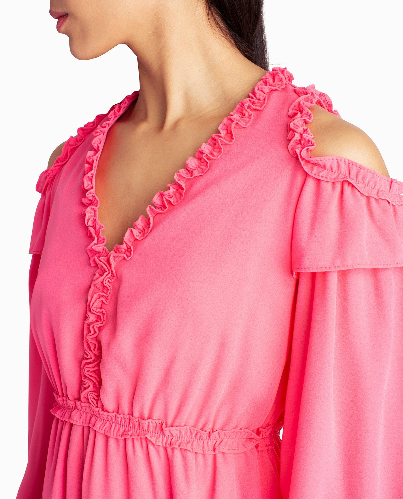 Front Detail View Of Nicole Miller Addison Chiffon A-Line Dress | NM CAMELLIA ROSE