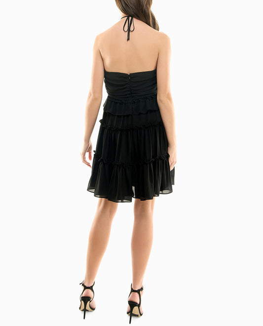 Back View Of Nicole Miller Presley Chiffon Tiered Halter Dress | NM VERY BLACK
