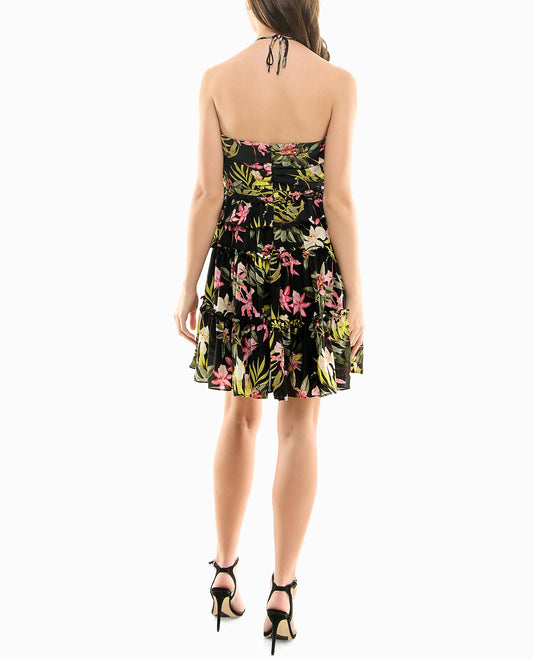 Back View Of Nicole Miller Presley Chiffon Tiered Halter Dress | NM BLACK BEAUTY