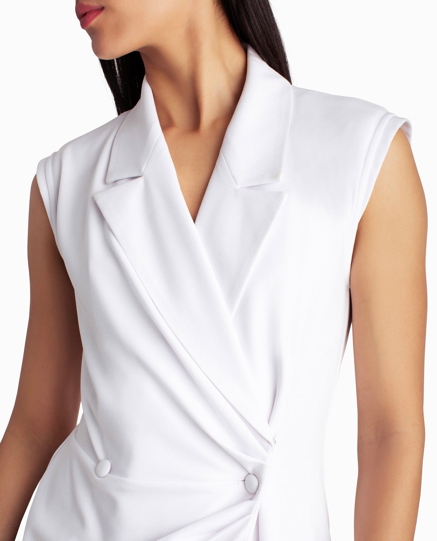 Front Detail View Of Nicole Miller Vivienne Crepe Sleeveless Coat Dress | NM BRILLIANT WHITE