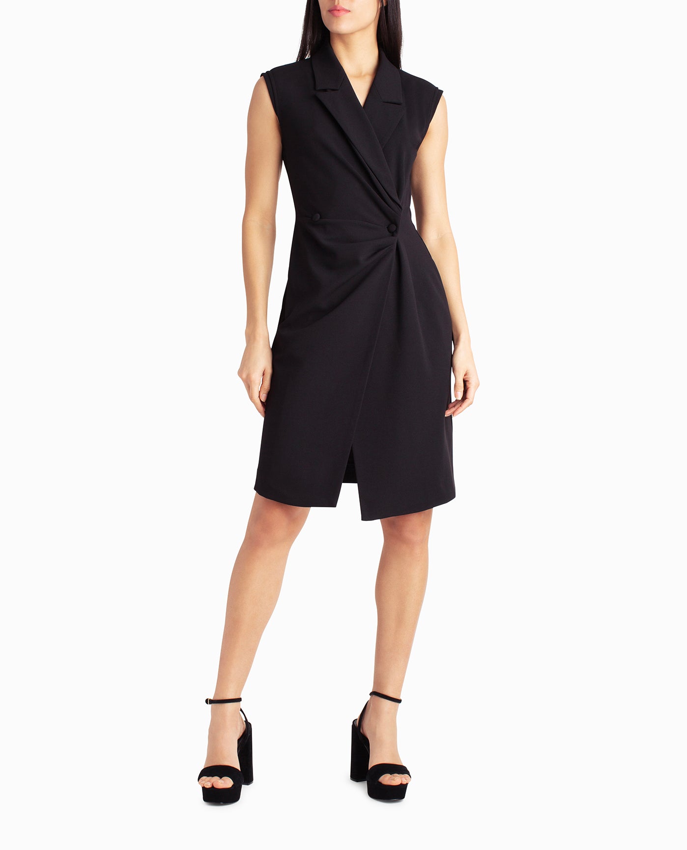 Front View Of Nicole Miller Vivienne Crepe Sleeveless Coat Dress | NM VERY BLACK