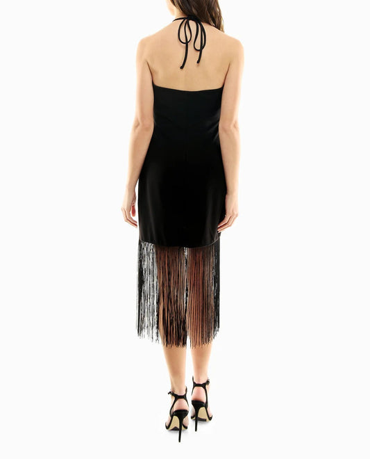 Back View Of Nicole Miller Sylvie Stretch Crepe Fringed Sheath Dress | NM VERY BLACK