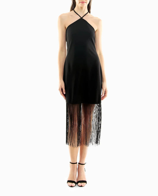 Front View Of Nicole Miller Sylvie Stretch Crepe Fringed Sheath Dress | NM VERY BLACK