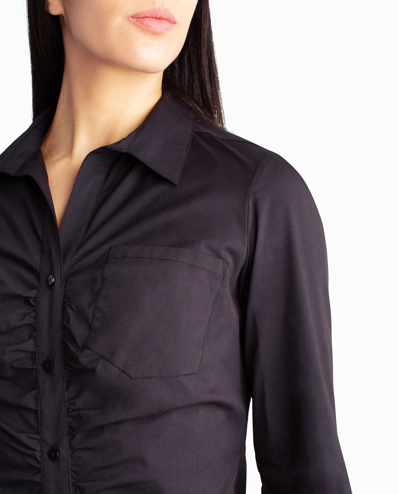 Front Detail View Of Nicole Miller Harper Stretch Ruched Shirt Dress | NM VERY BLACK