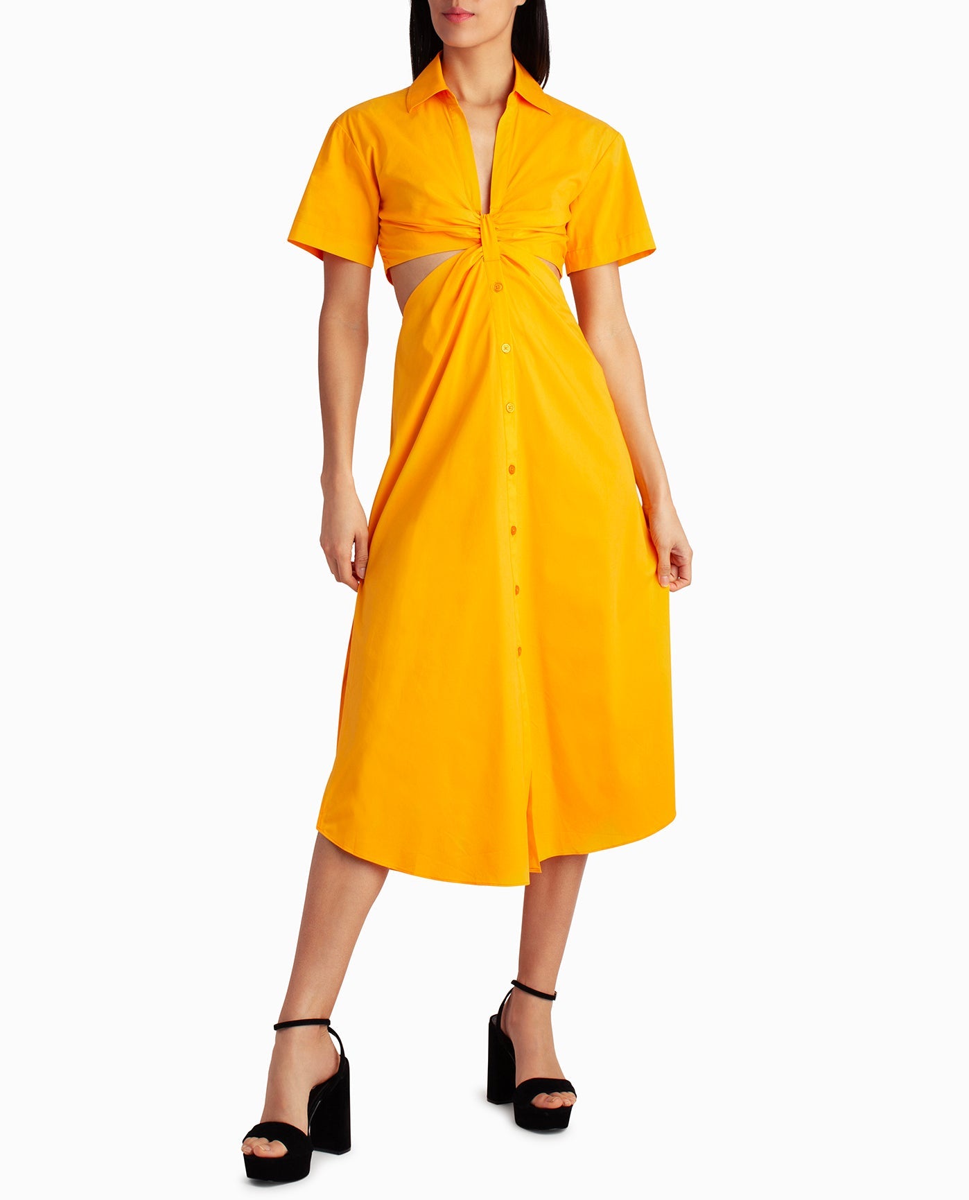 Front View Of Nicole Miller Caroline Poplin Midi Shirt Dress | NM FLAME ORANGE