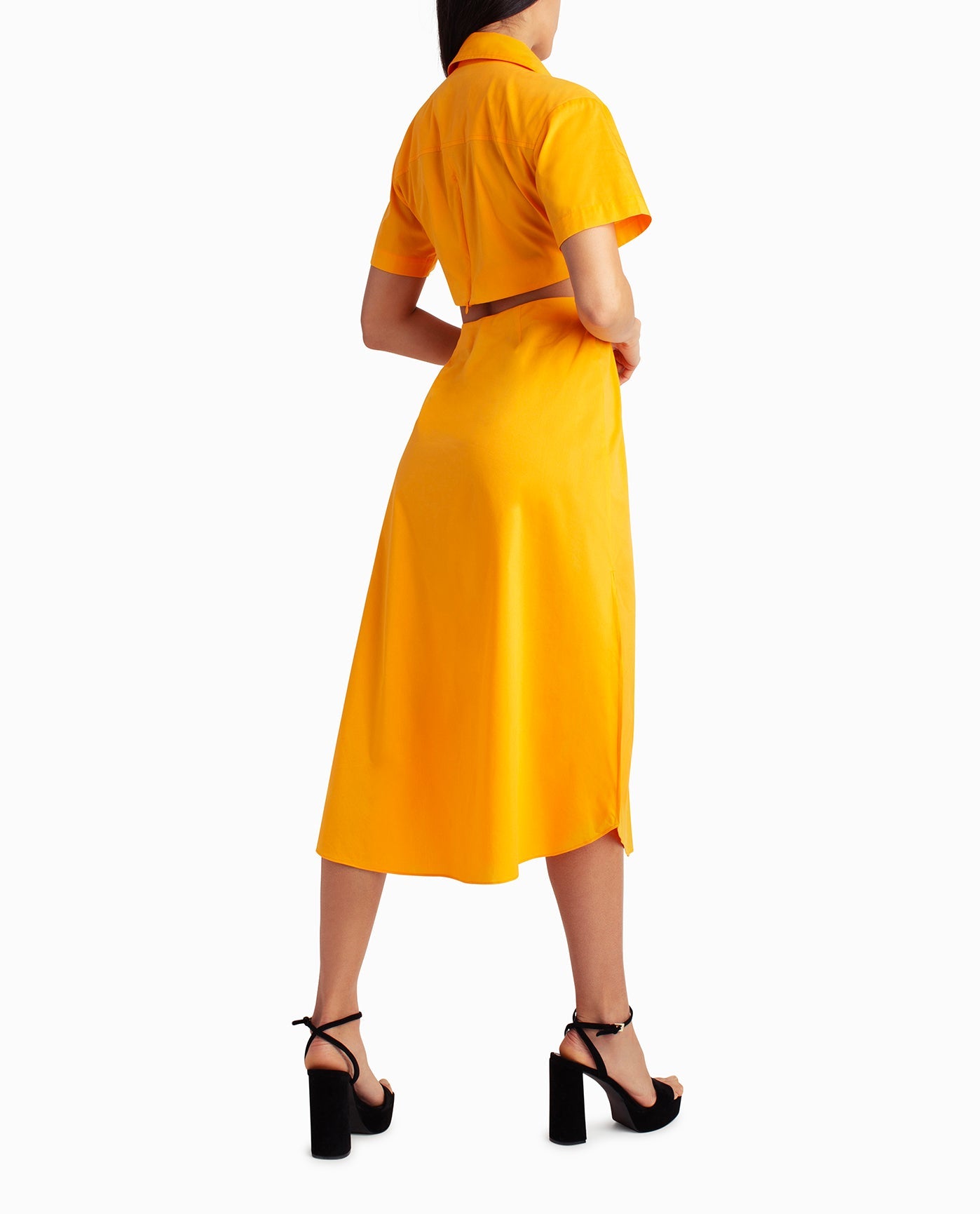 Back View Of Nicole Miller Caroline Poplin Midi Shirt Dress | NM FLAME ORANGE