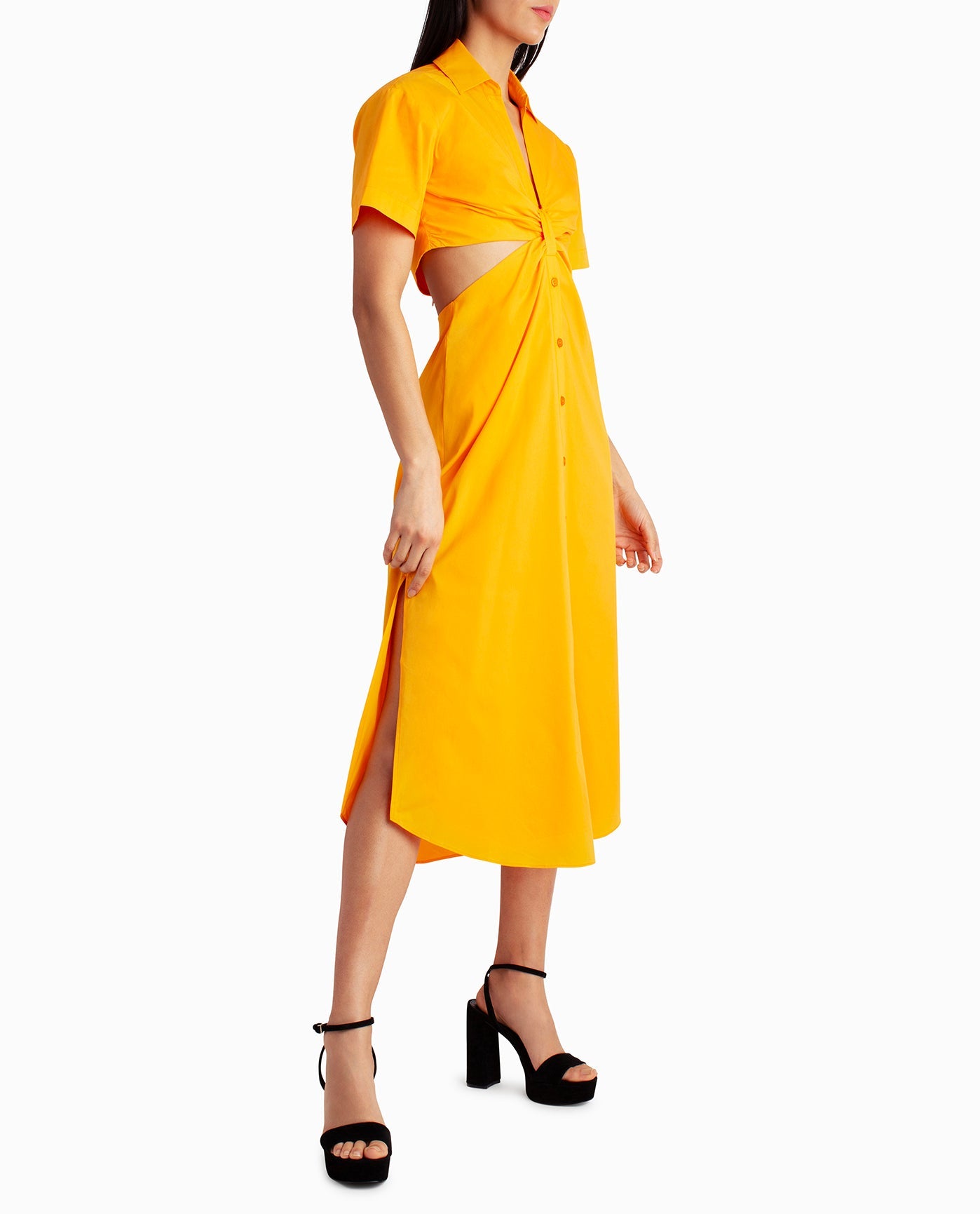 Side View View Of Nicole Miller Caroline Poplin Midi Shirt Dress | NM FLAME ORANGE