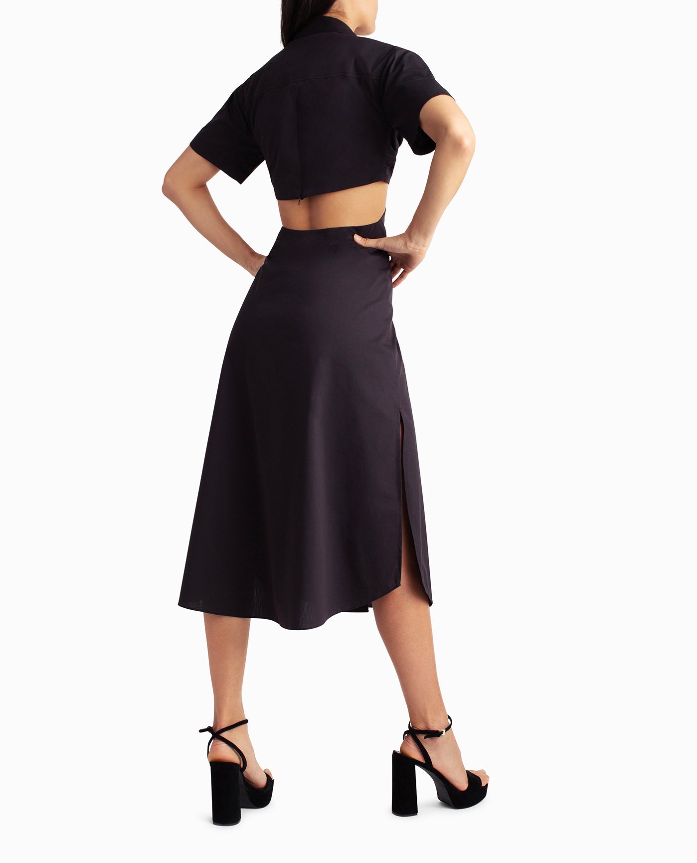 Back View Of Nicole Miller Caroline Poplin Midi Shirt Dress | NM VERY BLACK