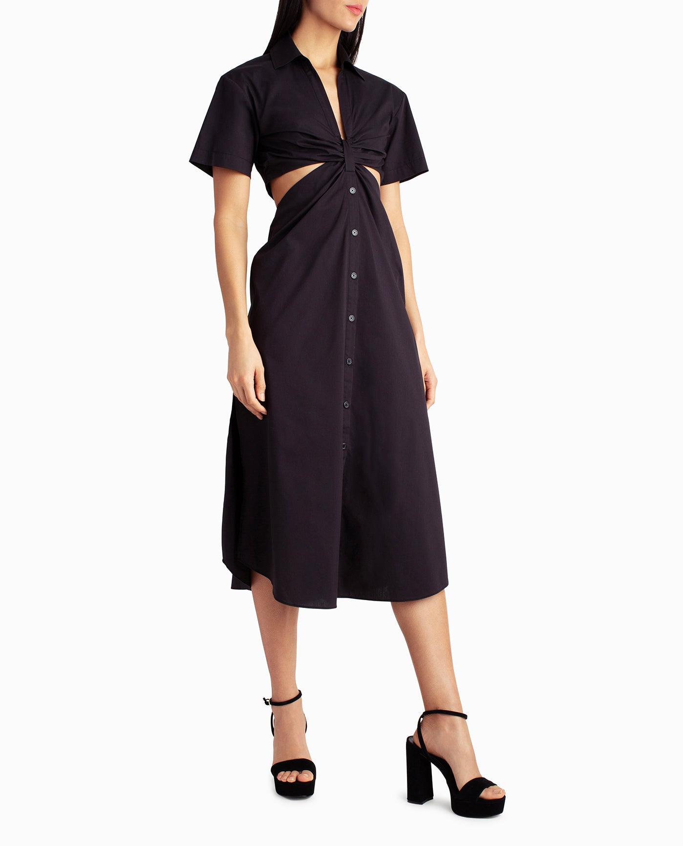 Side View View Of Nicole Miller Caroline Poplin Midi Shirt Dress | NM VERY BLACK