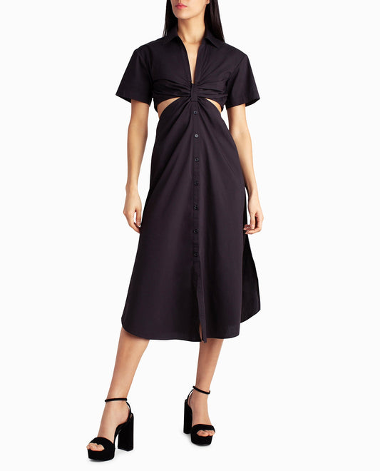 Front View Of Nicole Miller Caroline Poplin Midi Shirt Dress | NM VERY BLACK