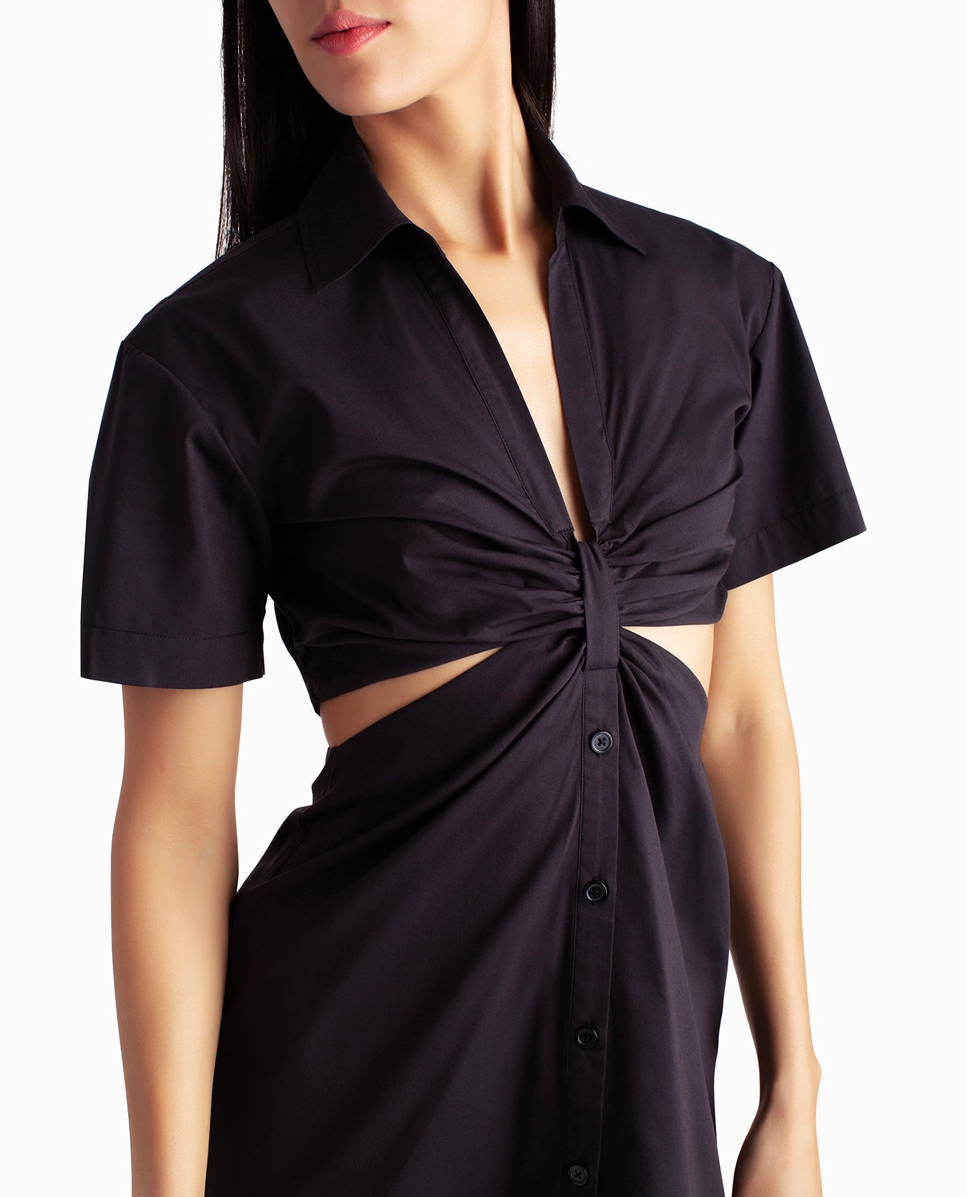 Front Detail View Of Nicole Miller Caroline Poplin Midi Shirt Dress | NM VERY BLACK