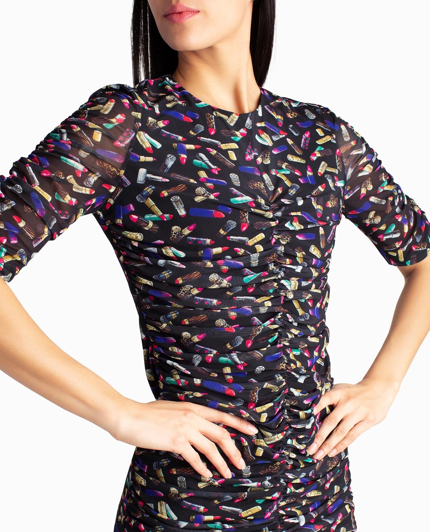 Front Detail View Of Nicole Miller Leanna Mesh Short Sleeve Dress | NM LIPSTICK