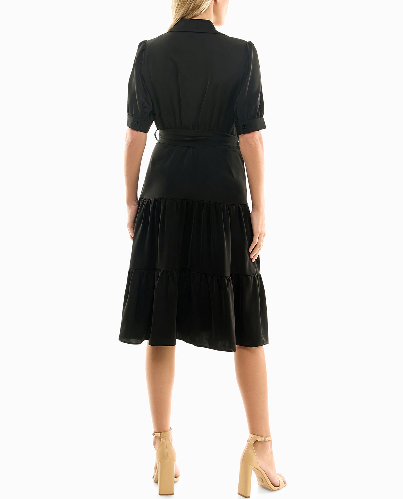 Back View Of Nicole Miller Katy Silk Midi Shirt Dress | NM VERY BLACK