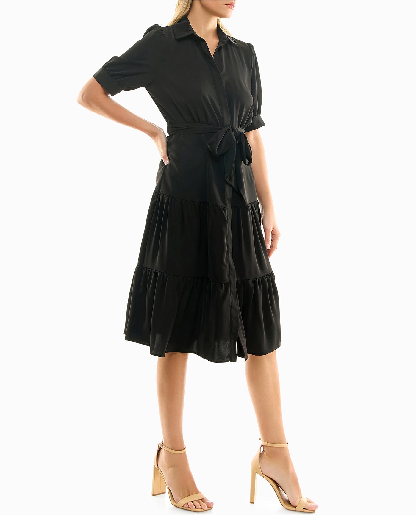 Side View View Of Nicole Miller Katy Silk Midi Shirt Dress | NM VERY BLACK